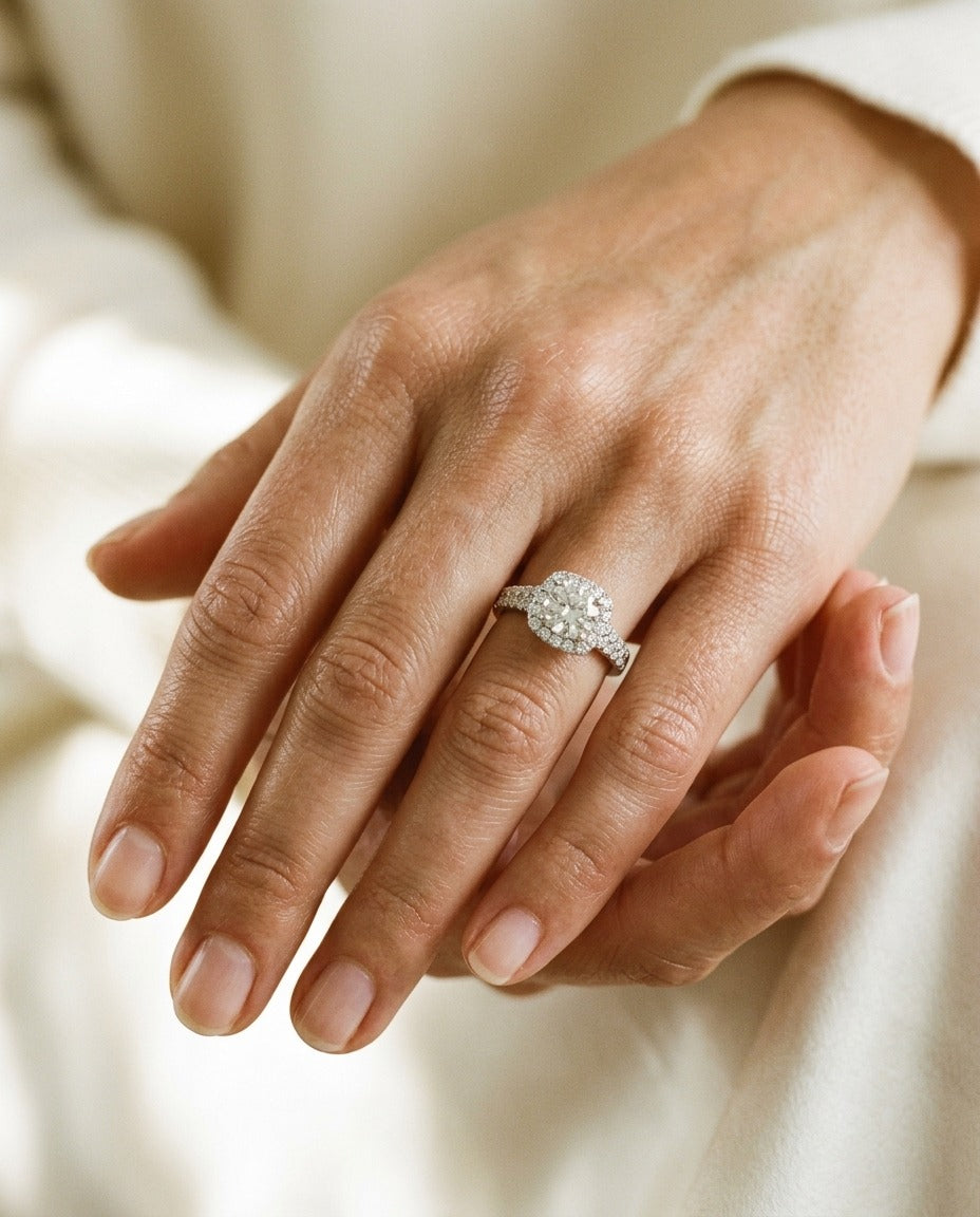 Diamond Pave Halo Ring In 14k White Gold 3/4ctw, Cubic Zirconia Center — portrait close
