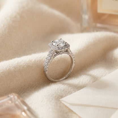 Diamond Pave Halo Ring In 14k White Gold 3/4ctw, Cubic Zirconia Center — textile flat lay