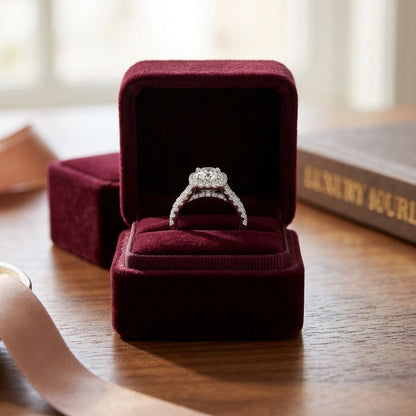 Diamond Pave Halo Ring In 14k White Gold 3/4ctw, Cubic Zirconia Center — velvet box