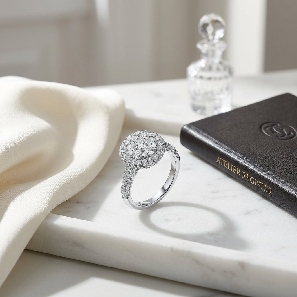 Diamond Illusion Bezel Center Halo Eng Ring In 14k White Gold — atelier still life