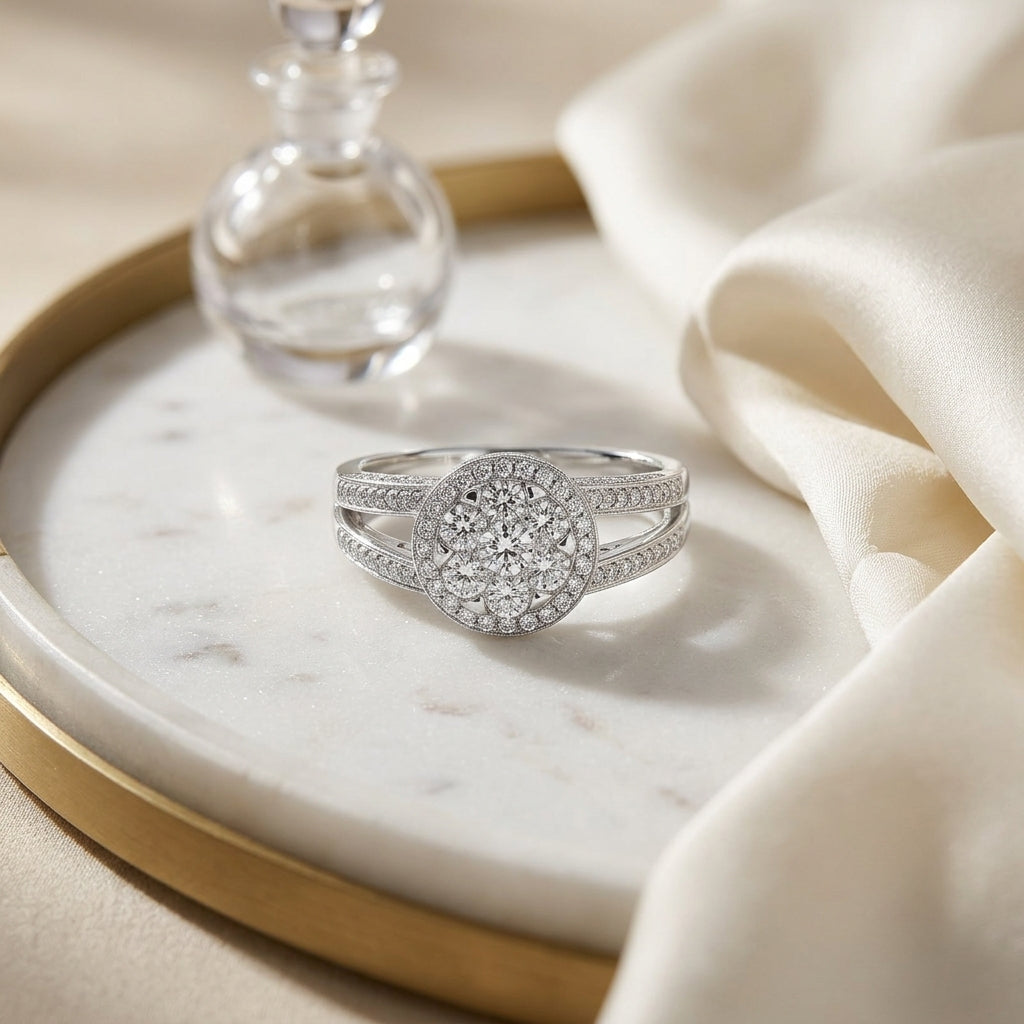 Diamond Halo Split Shank Eng Ring In 14k White Gold — atelier still life