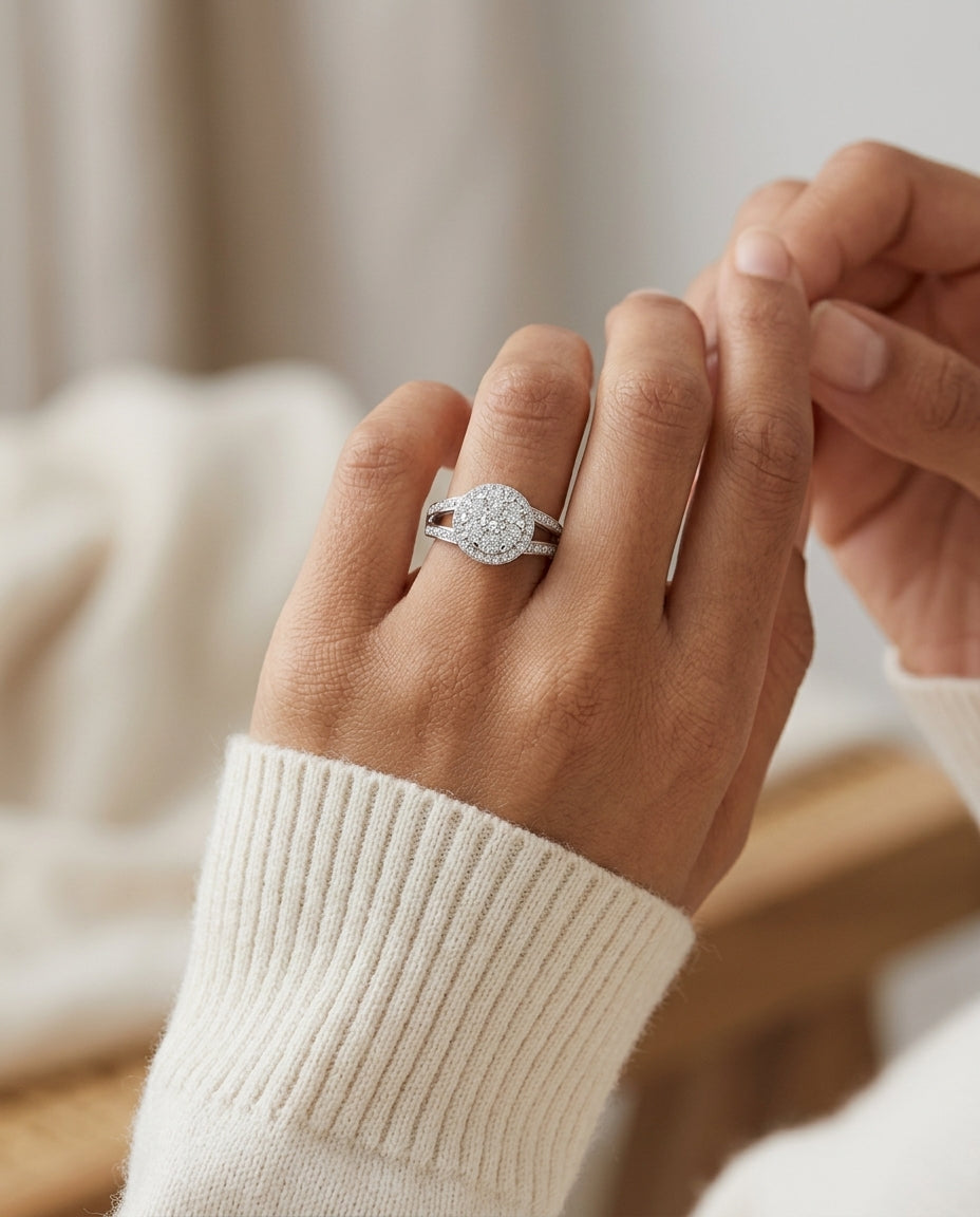 Diamond Halo Split Shank Eng Ring In 14k White Gold — editorial close-up