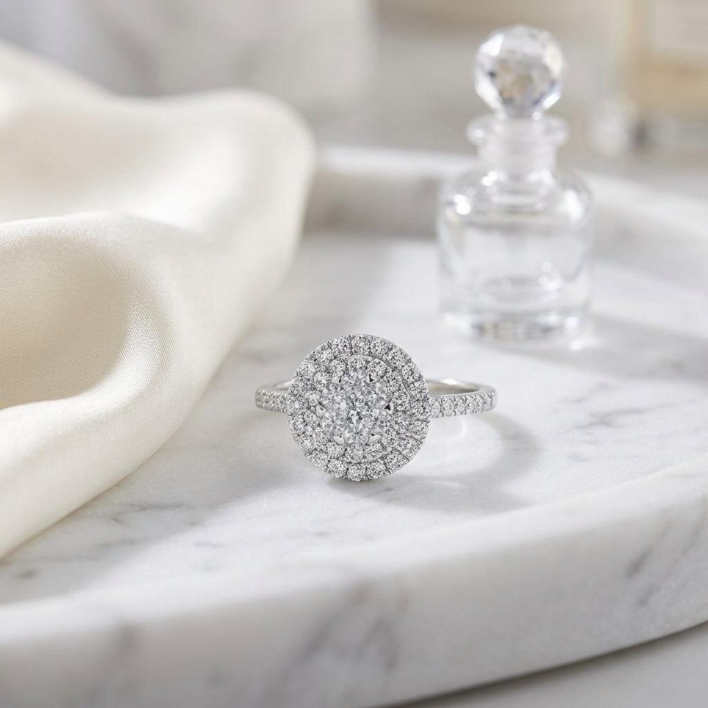 Diamond Round Double Entourage Eng Ring In 14k White Gold — atelier still life