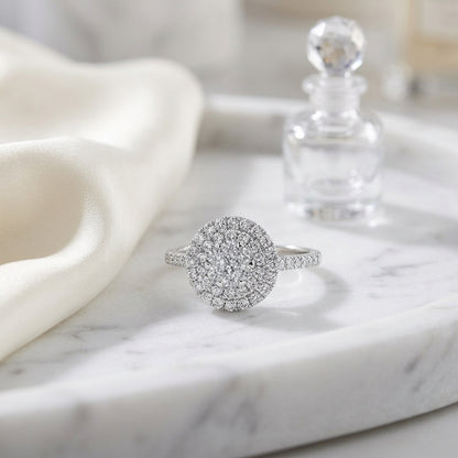 Diamond Round Double Entourage Eng Ring In 14k White Gold — atelier still life