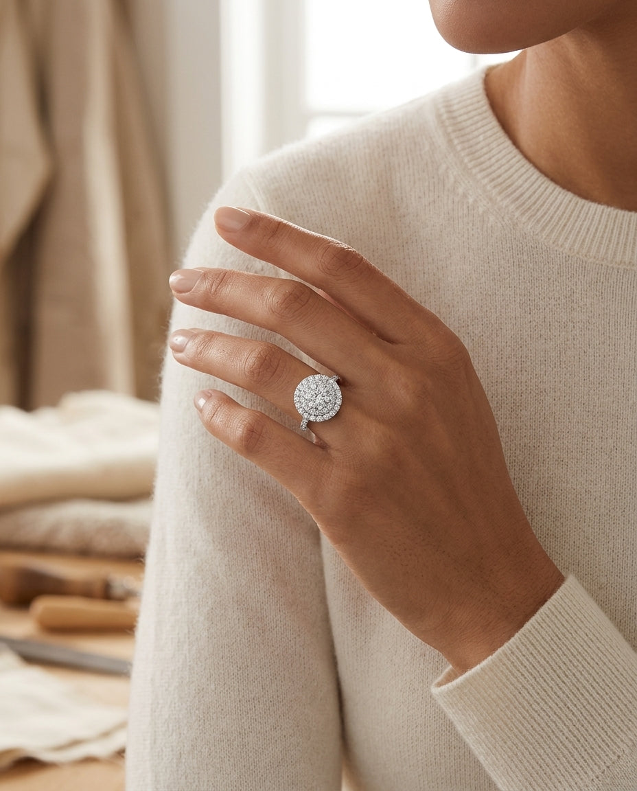 Diamond Round Double Entourage Eng Ring In 14k White Gold — editorial close-up