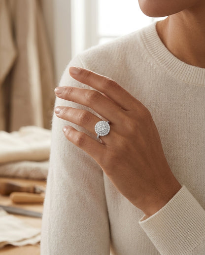 Diamond Round Double Entourage Eng Ring In 14k White Gold — editorial close-up