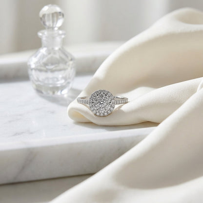 Diamond Halo Eng Ring In 14k White Gold — atelier still life