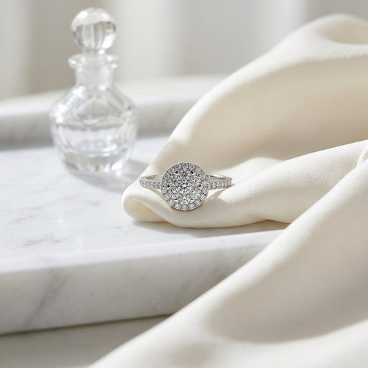 Diamond Halo Eng Ring In 14k White Gold — atelier still life