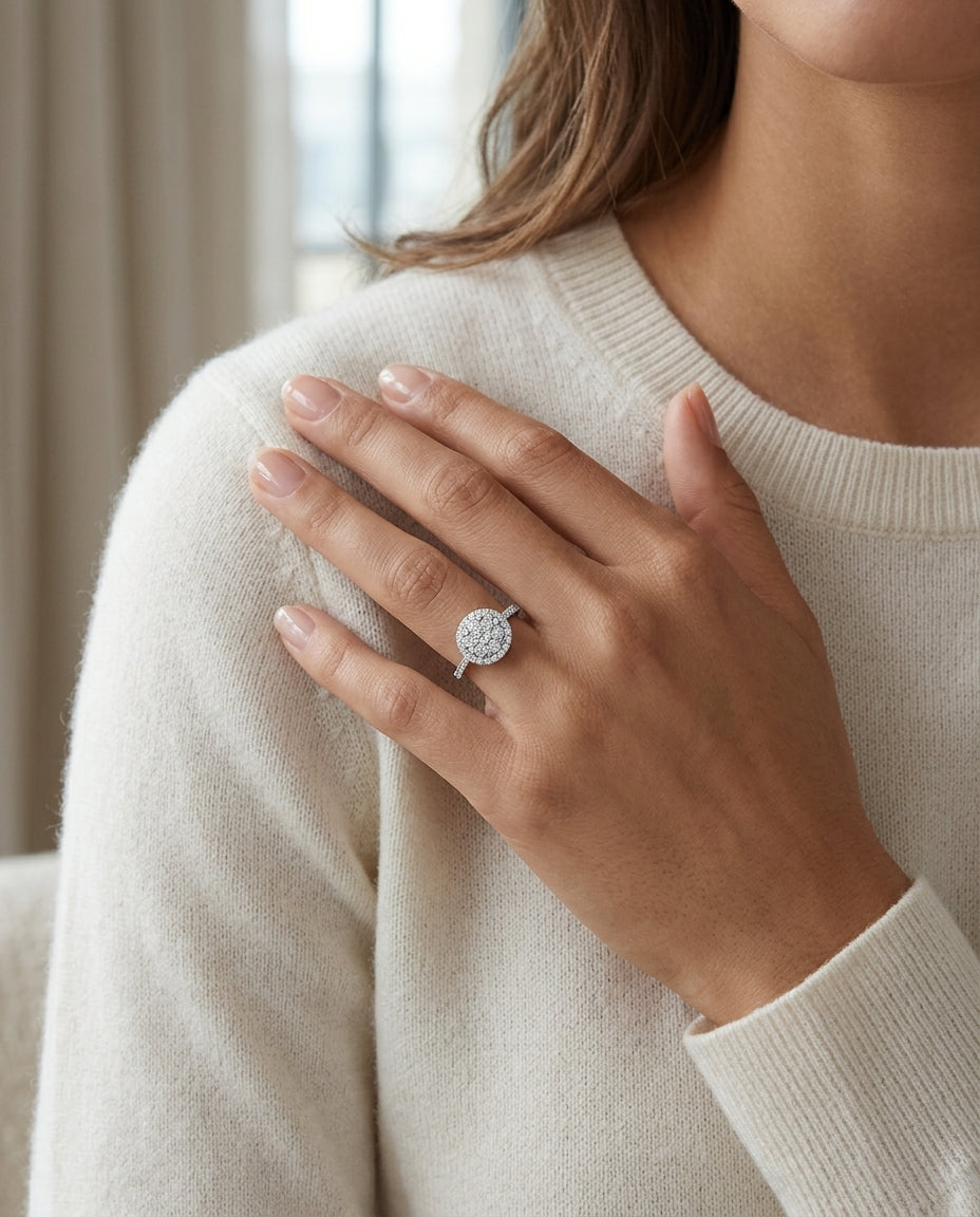 Diamond Halo Eng Ring In 14k White Gold — editorial close-up