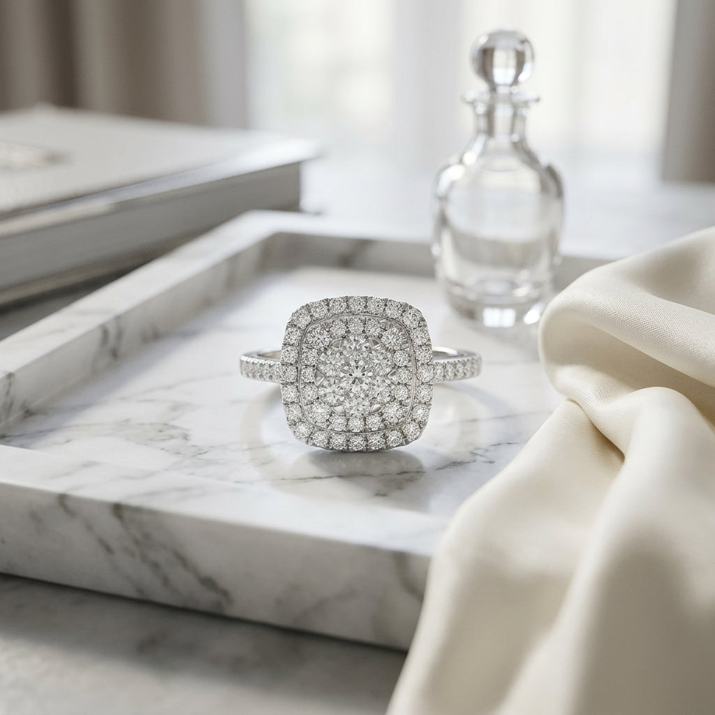 Diamond Cushion Shape Double Entourage Eng Ring In 14k White Gold — atelier still life