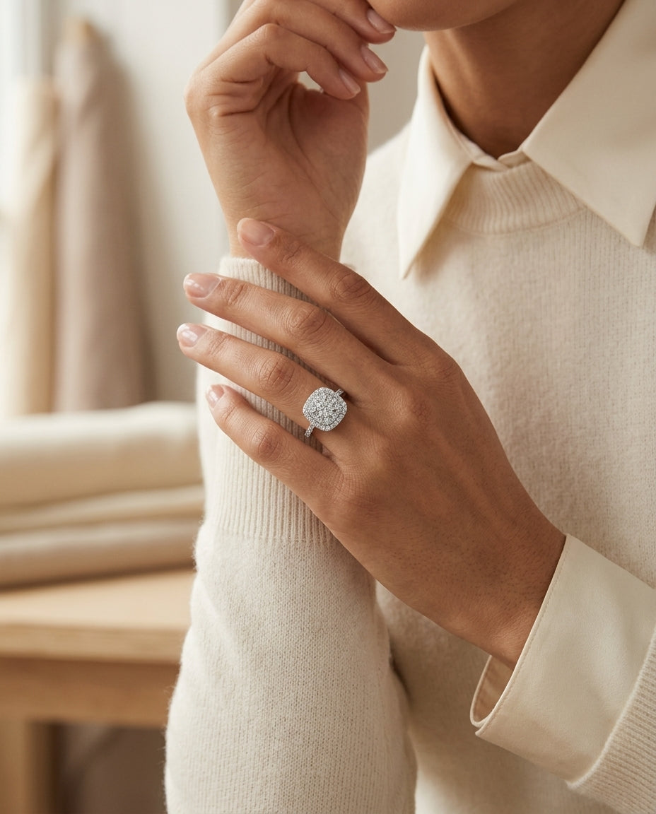 Diamond Cushion Shape Double Entourage Eng Ring In 14k White Gold — editorial close-up