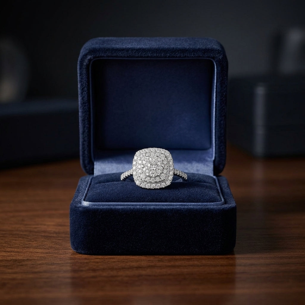 Diamond Cushion Shape Double Entourage Eng Ring In 14k White Gold — gift presentation
