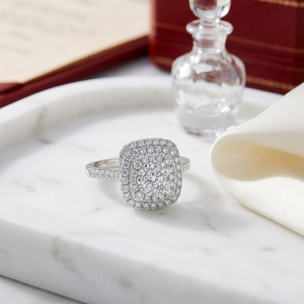 Diamond Cushion Shape Double Entourage Wed Set In 14k White Gold — atelier still life