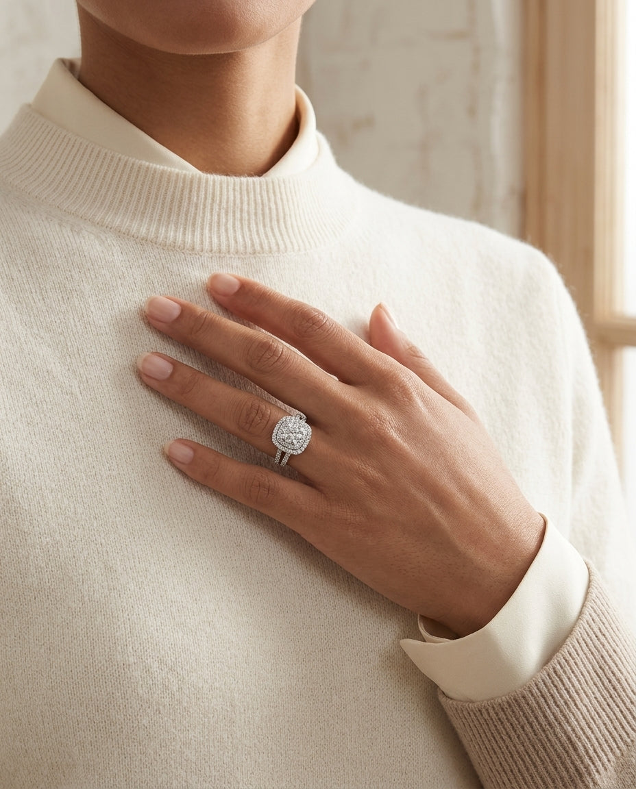 Diamond Cushion Shape Double Entourage Wed Set In 14k White Gold — editorial close-up