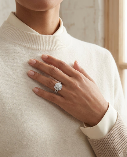 Diamond Cushion Shape Double Entourage Wed Set In 14k White Gold — editorial close-up