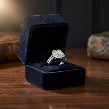 Diamond Cushion Shape Double Entourage Wed Set In 14k White Gold — gift presentation