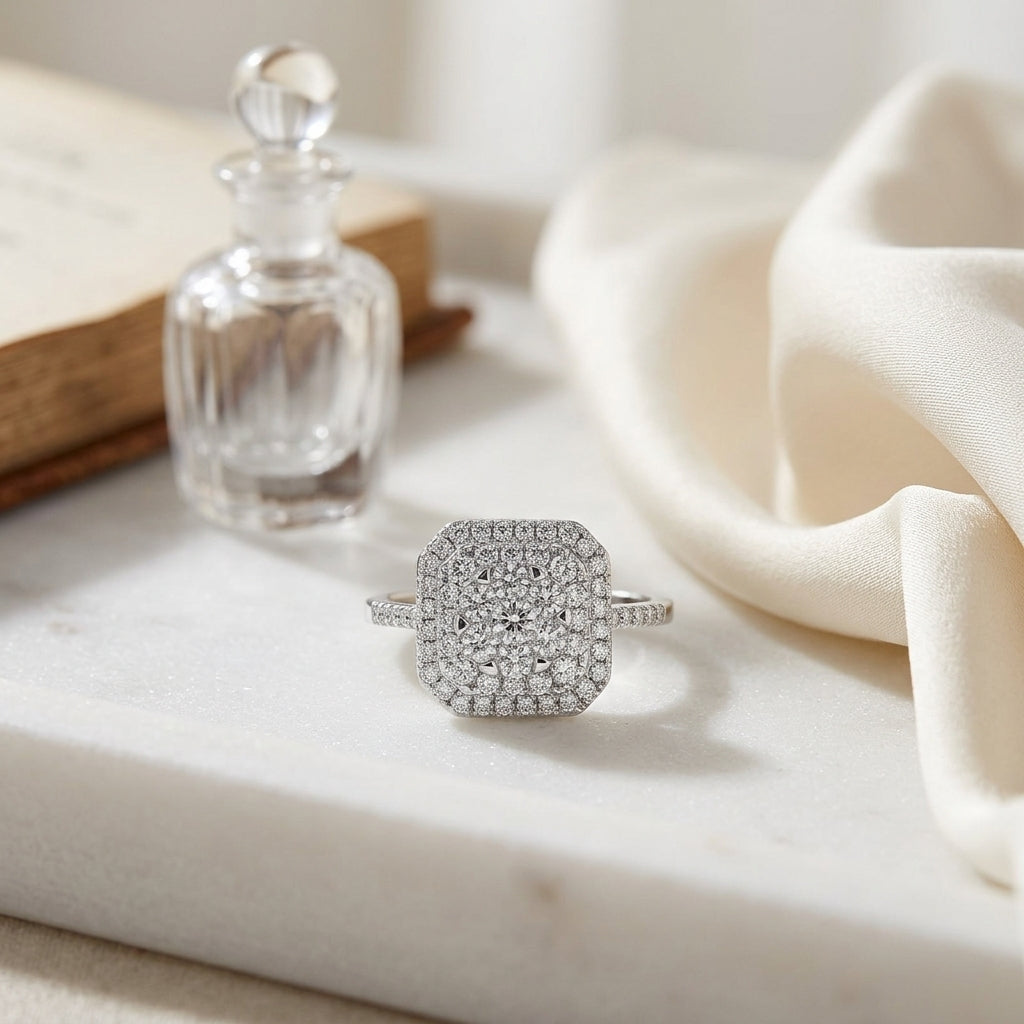 Diamond Square Radiant Shape Double Entourage Eng Ring In 14k White Gold (size 6) — atelier still life