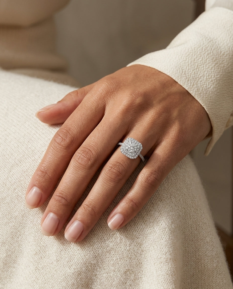 Diamond Square Radiant Shape Double Entourage Eng Ring In 14k White Gold (size 6) — editorial close-up