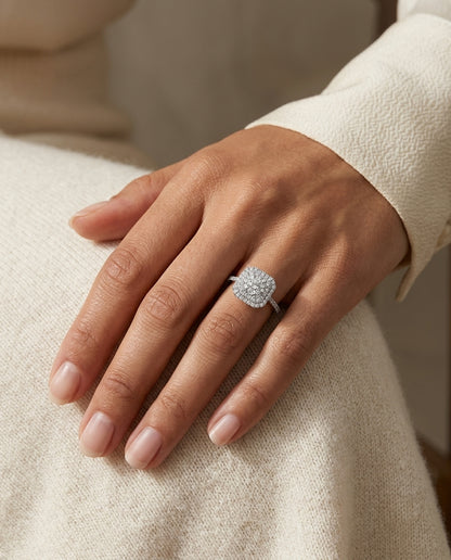 Diamond Square Radiant Shape Double Entourage Eng Ring In 14k White Gold (size 6) — editorial close-up
