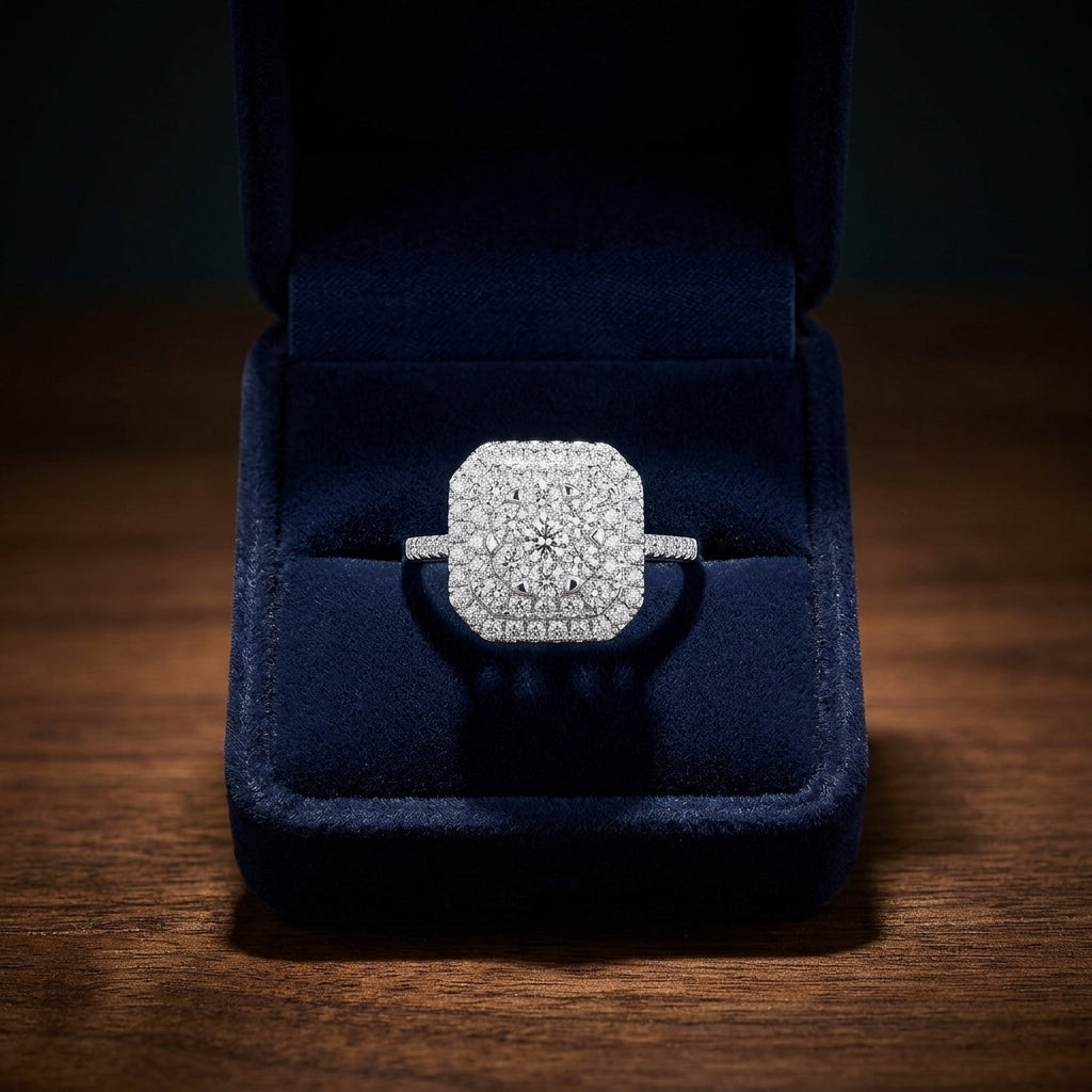 Diamond Square Radiant Shape Double Entourage Eng Ring In 14k White Gold (size 6) — gift presentation