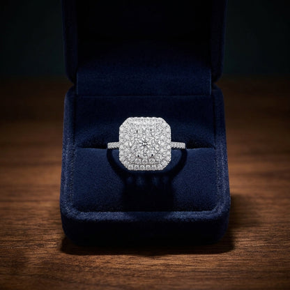Diamond Square Radiant Shape Double Entourage Eng Ring In 14k White Gold (size 6) — gift presentation