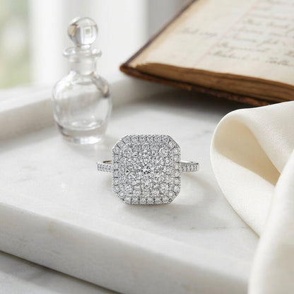 Diamond Square Radiant Shape Double Entourage Eng Ring In 14k White Gold — atelier still life