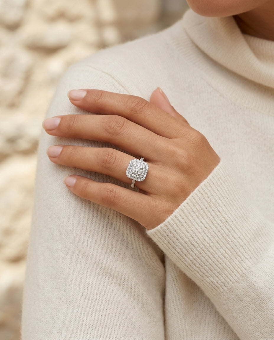 Diamond Square Radiant Shape Double Entourage Eng Ring In 14k White Gold — editorial close-up