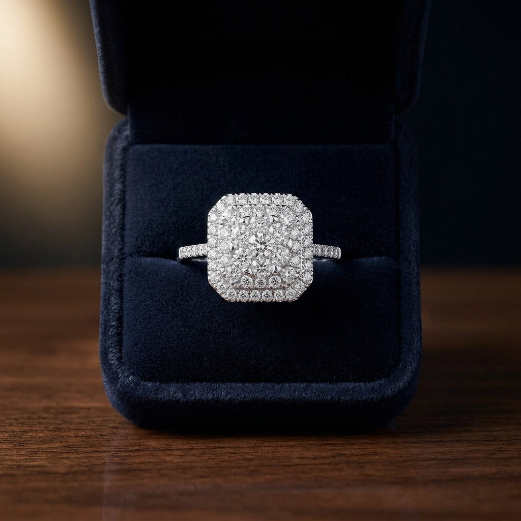 Diamond Square Radiant Shape Double Entourage Eng Ring In 14k White Gold — gift presentation