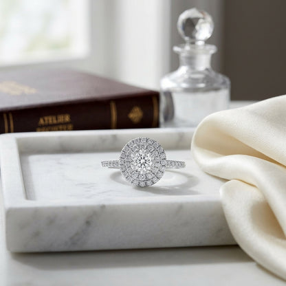 Diamond Oval Shape Double Entourage Eng Ring In 14k White Gold — atelier still life