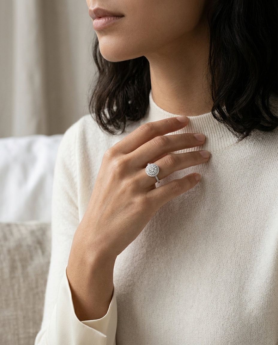 Diamond Oval Shape Double Entourage Eng Ring In 14k White Gold — editorial close-up