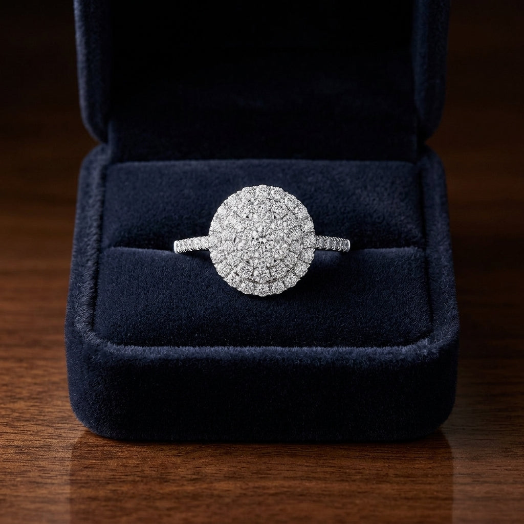 Diamond Oval Shape Double Entourage Eng Ring In 14k White Gold — gift presentation