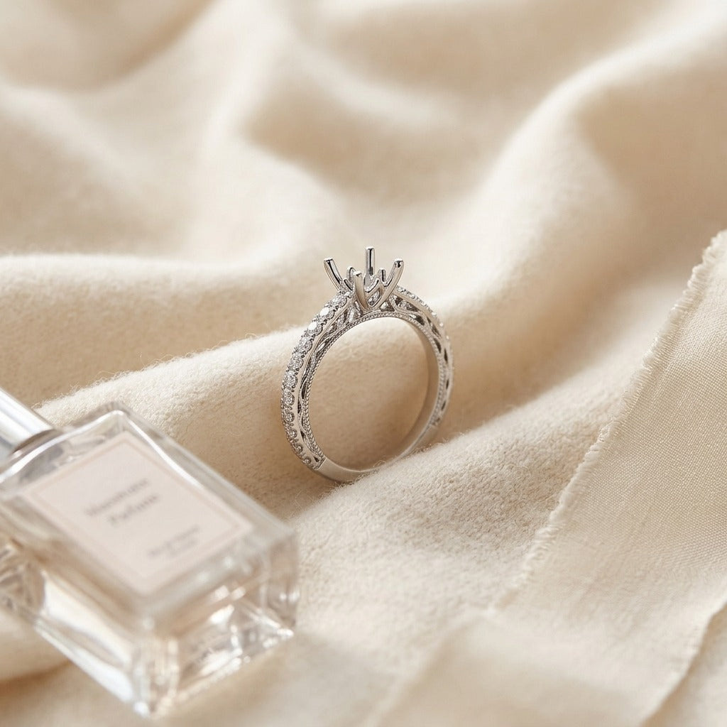 Cubic Zirconia and Diamond Engagement Ring in 14k White Gold — textile flat lay
