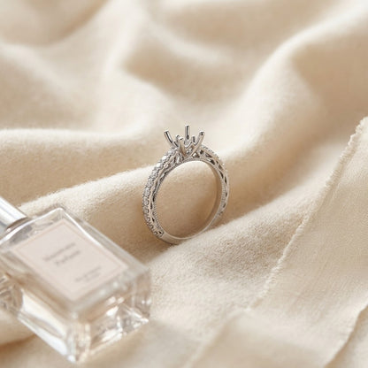Cubic Zirconia and Diamond Engagement Ring in 14k White Gold — textile flat lay