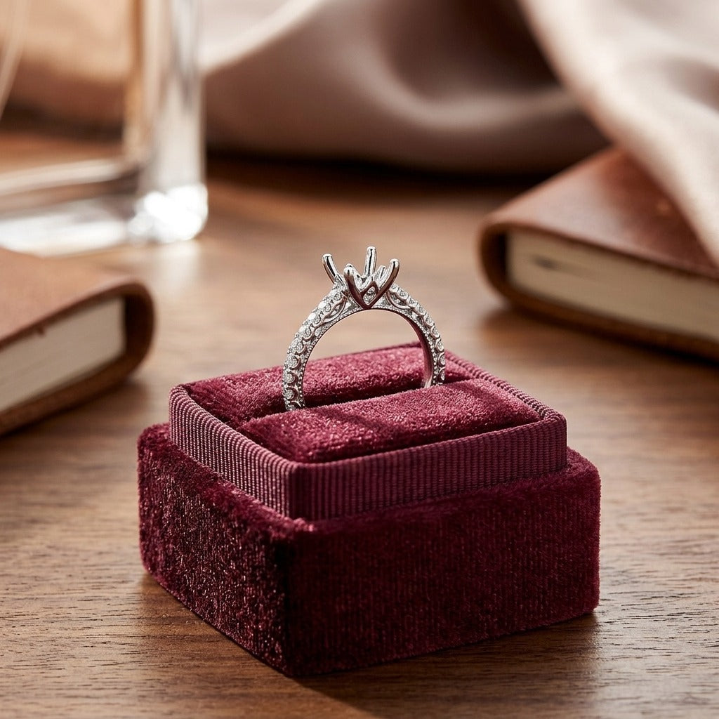 Cubic Zirconia and Diamond Engagement Ring in 14k White Gold — velvet box