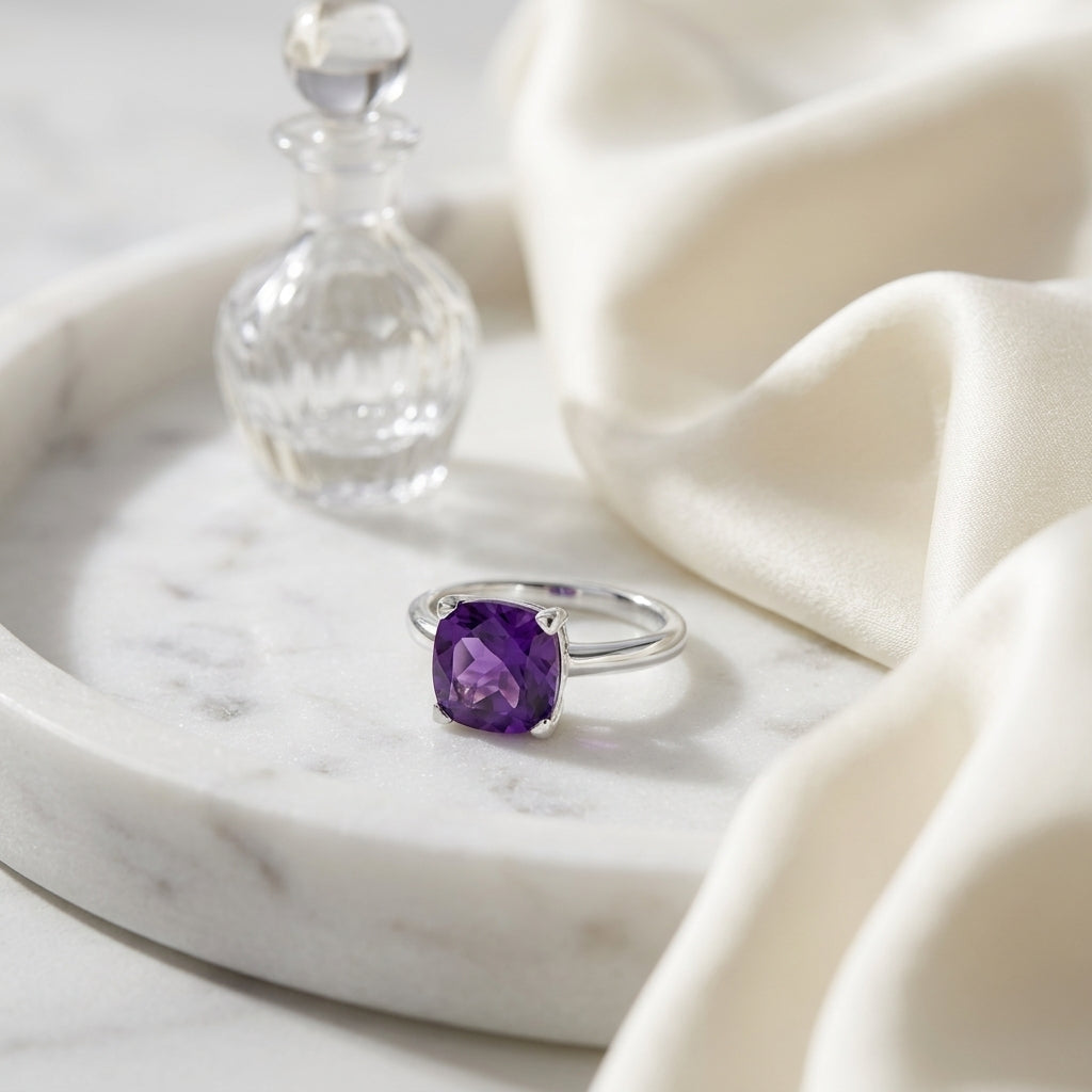 Amethyst And Diamond Solitaire Ring In 14k White Gold — atelier still life