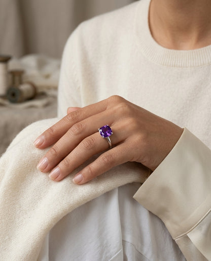 Amethyst And Diamond Solitaire Ring In 14k White Gold — editorial close-up