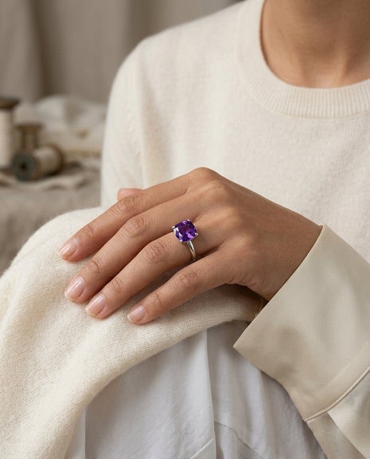 Amethyst And Diamond Solitaire Ring In 14k White Gold — editorial close-up