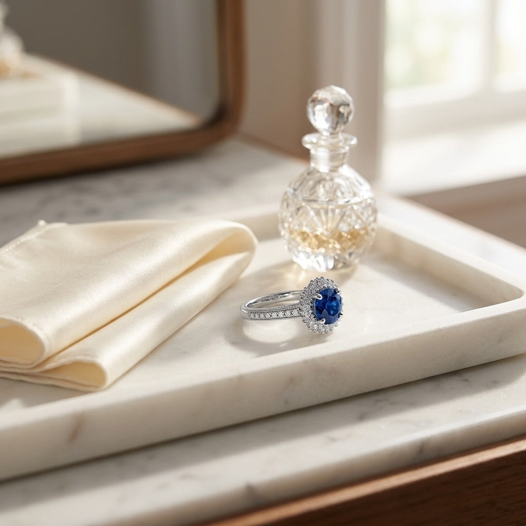 Sapphire And Diamond Prong Halo Ring In 14k White Gold — marble silk