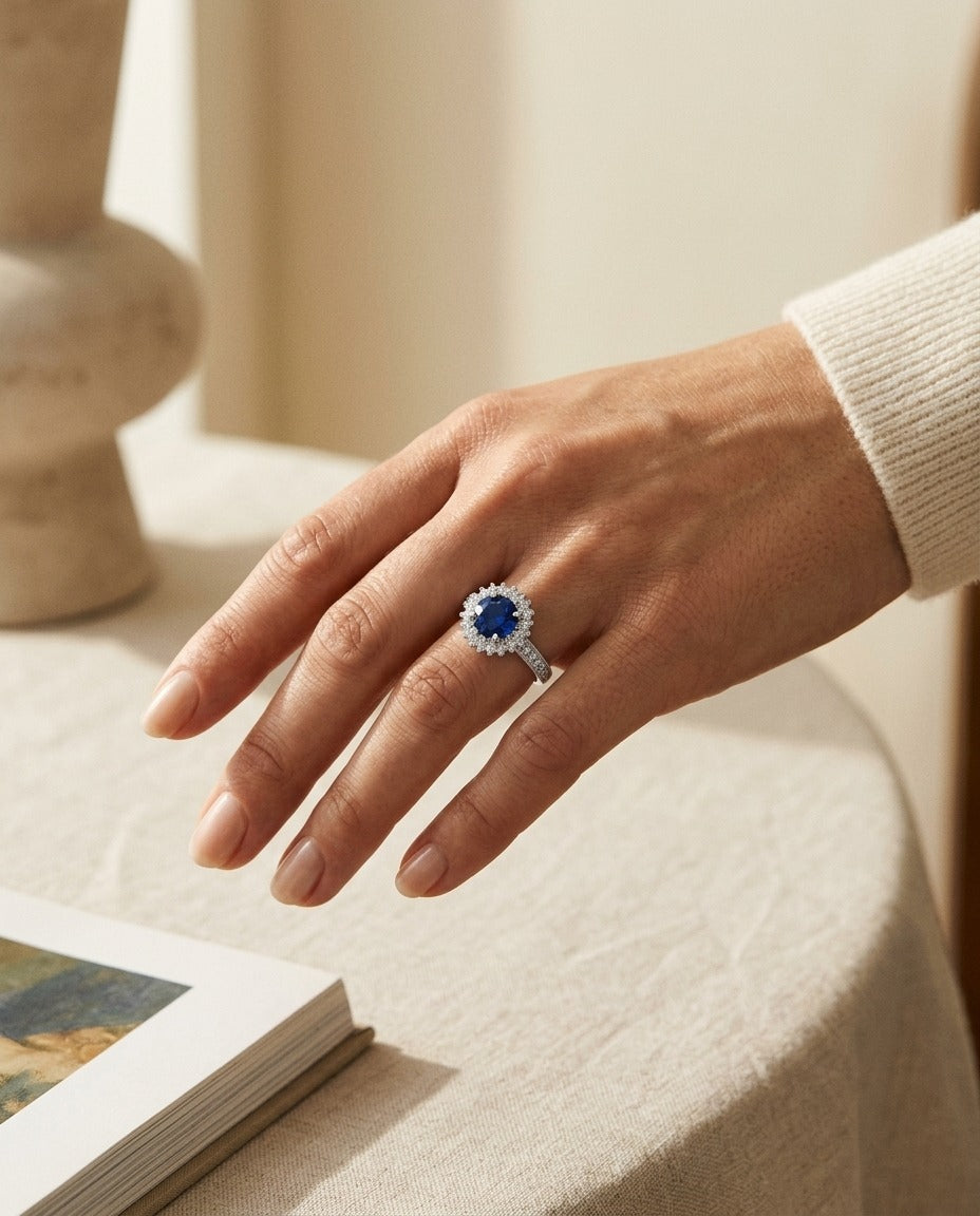 Sapphire And Diamond Prong Halo Ring In 14k White Gold — portrait close