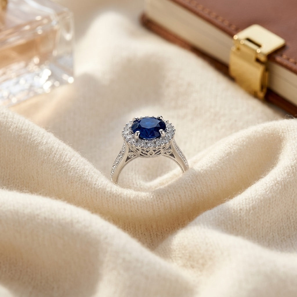 Sapphire And Diamond Prong Halo Ring In 14k White Gold — textile flat lay