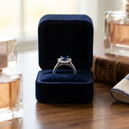 Sapphire And Diamond Prong Halo Ring In 14k White Gold — velvet box