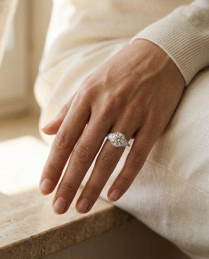 Diamond Halo Step Engagement Ring In 14k White Gold With CZ Center — portrait close