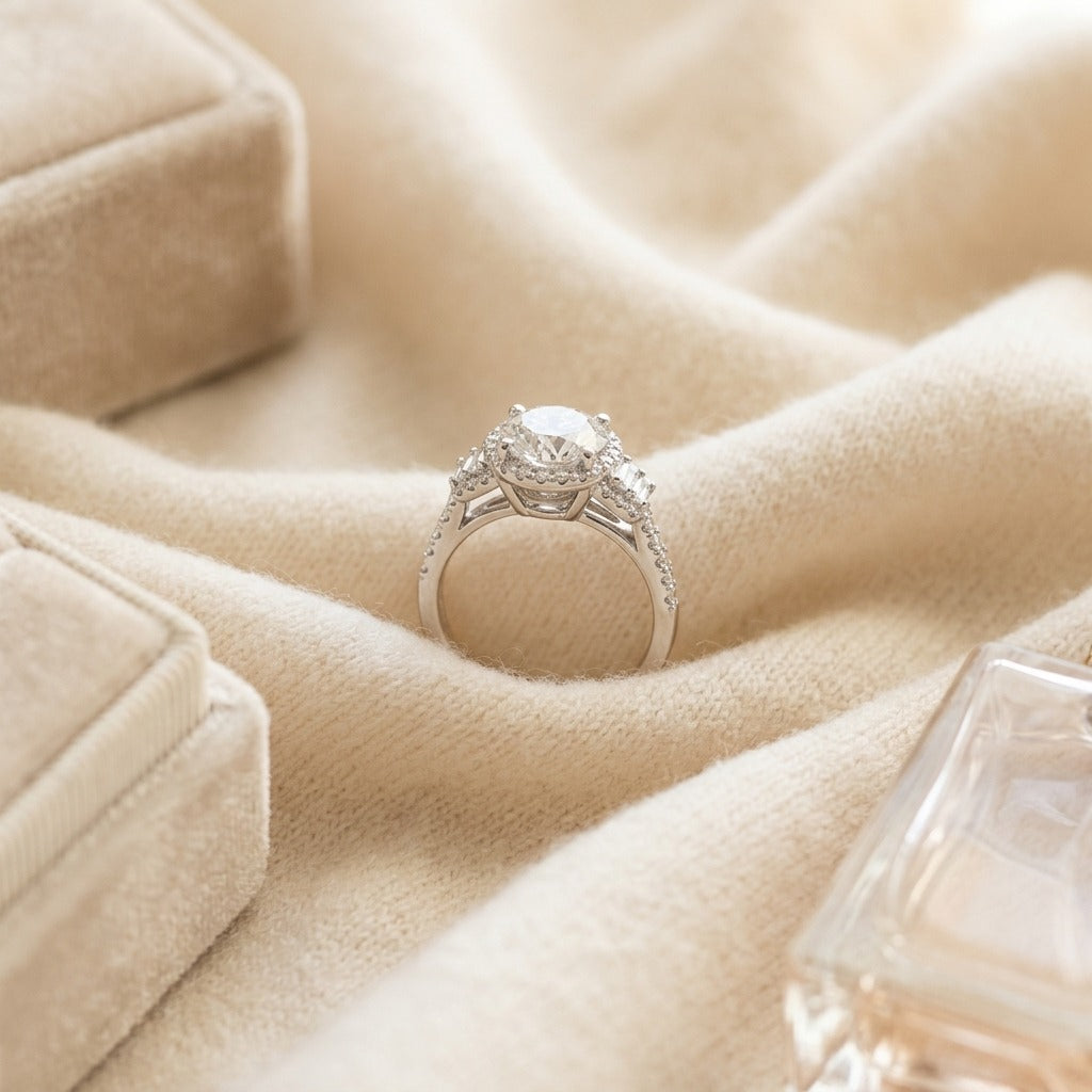 Diamond Halo Step Engagement Ring In 14k White Gold With CZ Center — textile flat lay