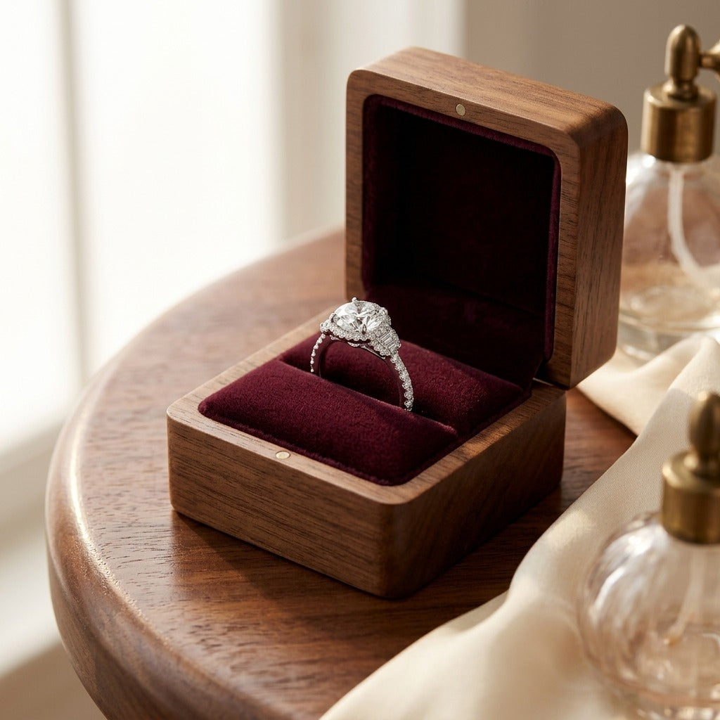 Diamond Halo Step Engagement Ring In 14k White Gold With CZ Center — velvet box