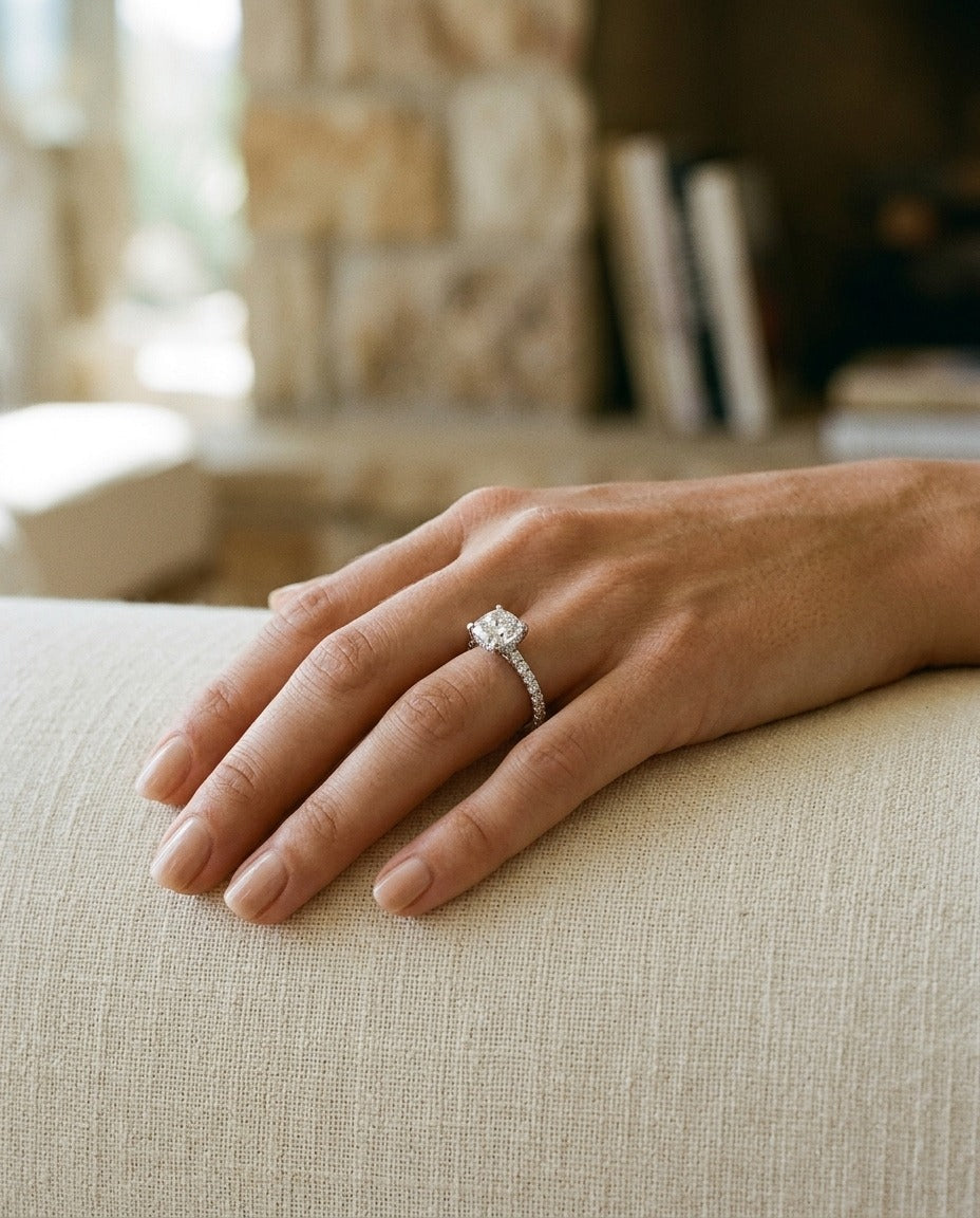Diamond Pave Engagement Ring in 14k White Gold (1.50 Ct Cushion Head) 6.5mm Cz Mounted — portrait close