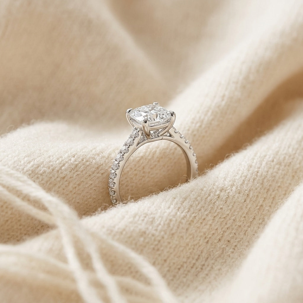 Diamond Pave Engagement Ring in 14k White Gold (1.50 Ct Cushion Head) 6.5mm Cz Mounted — textile flat lay