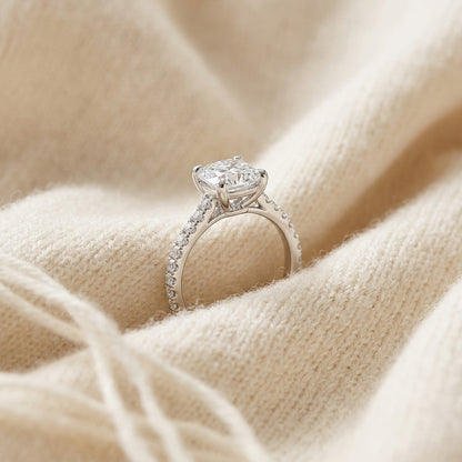 Diamond Pave Engagement Ring in 14k White Gold (1.50 Ct Cushion Head) 6.5mm Cz Mounted — textile flat lay