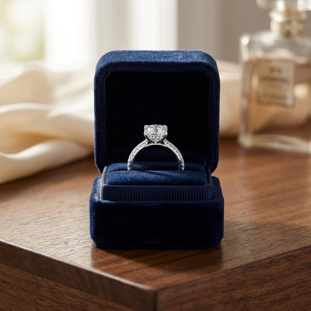 Diamond Pave Engagement Ring in 14k White Gold (1.50 Ct Cushion Head) 6.5mm Cz Mounted — velvet box