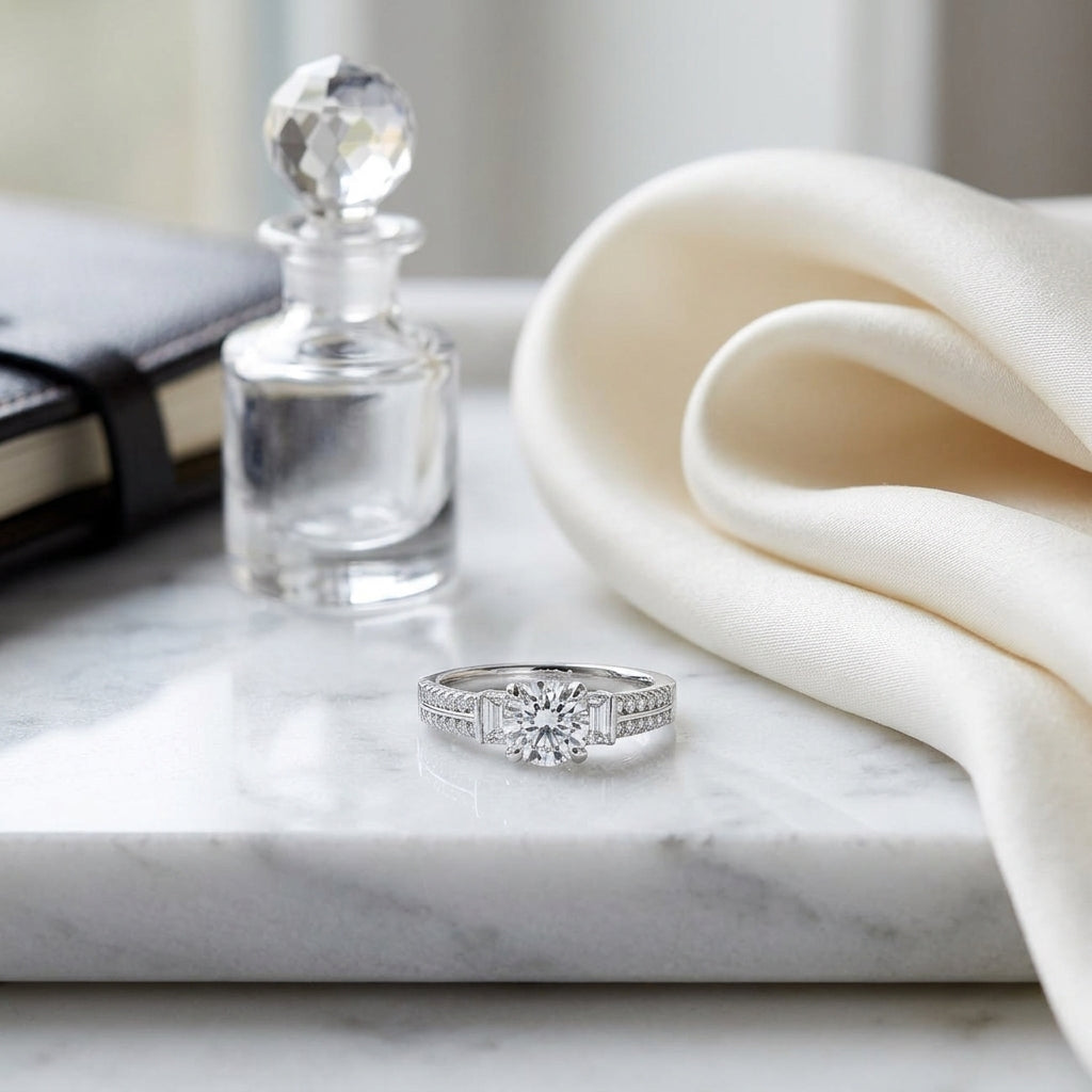 Diamond Round Center With Baguette Shoulders Ring In 14k White Gold — atelier still life