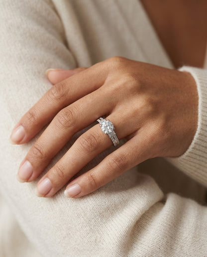 Diamond Round Center With Baguette Shoulders Ring In 14k White Gold — editorial close-up